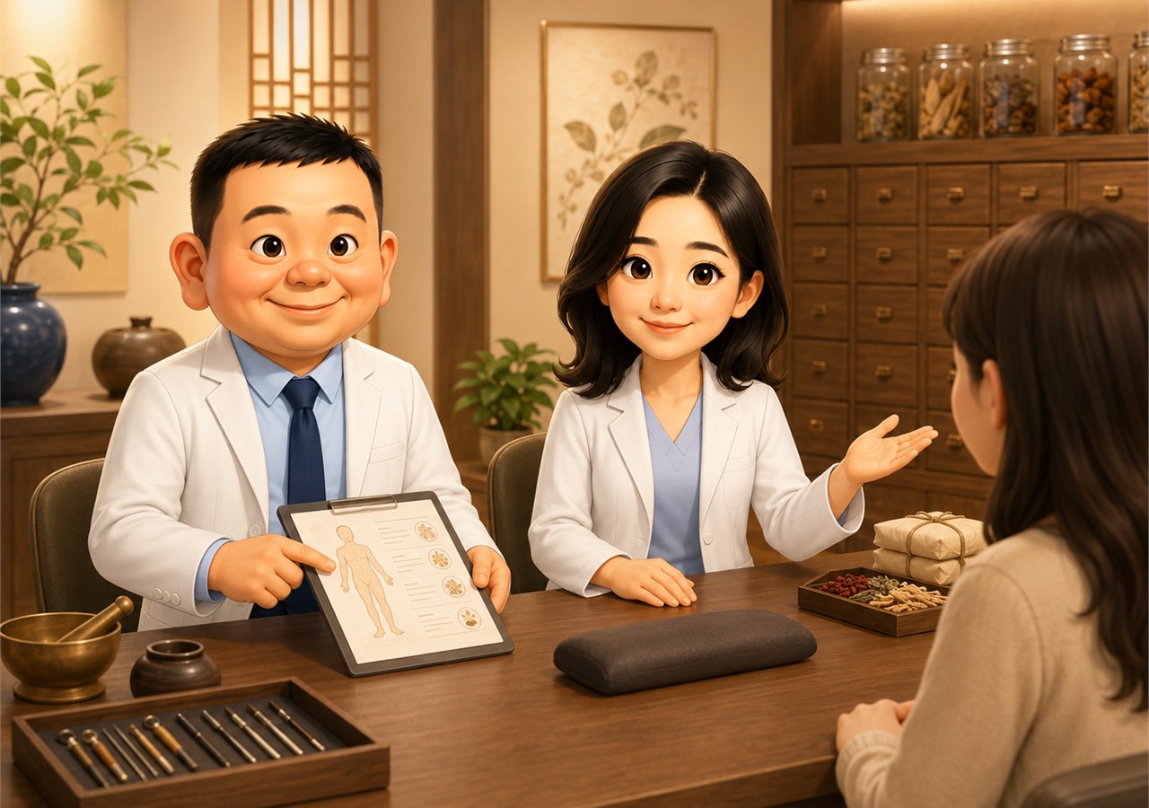 진료실에서 건강 상태와 생활 기록을 확인하는 상담 장면