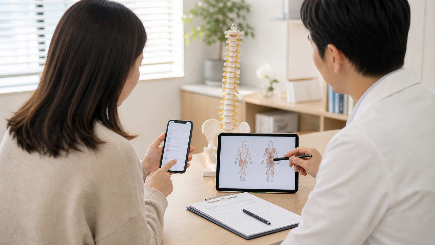 교통사고 다음 날 몸살처럼 아픈 증상을 상담하기 위해 환자가 증상 기록과 신체 부위 체크 화면을 의료진과 확인하는 장면