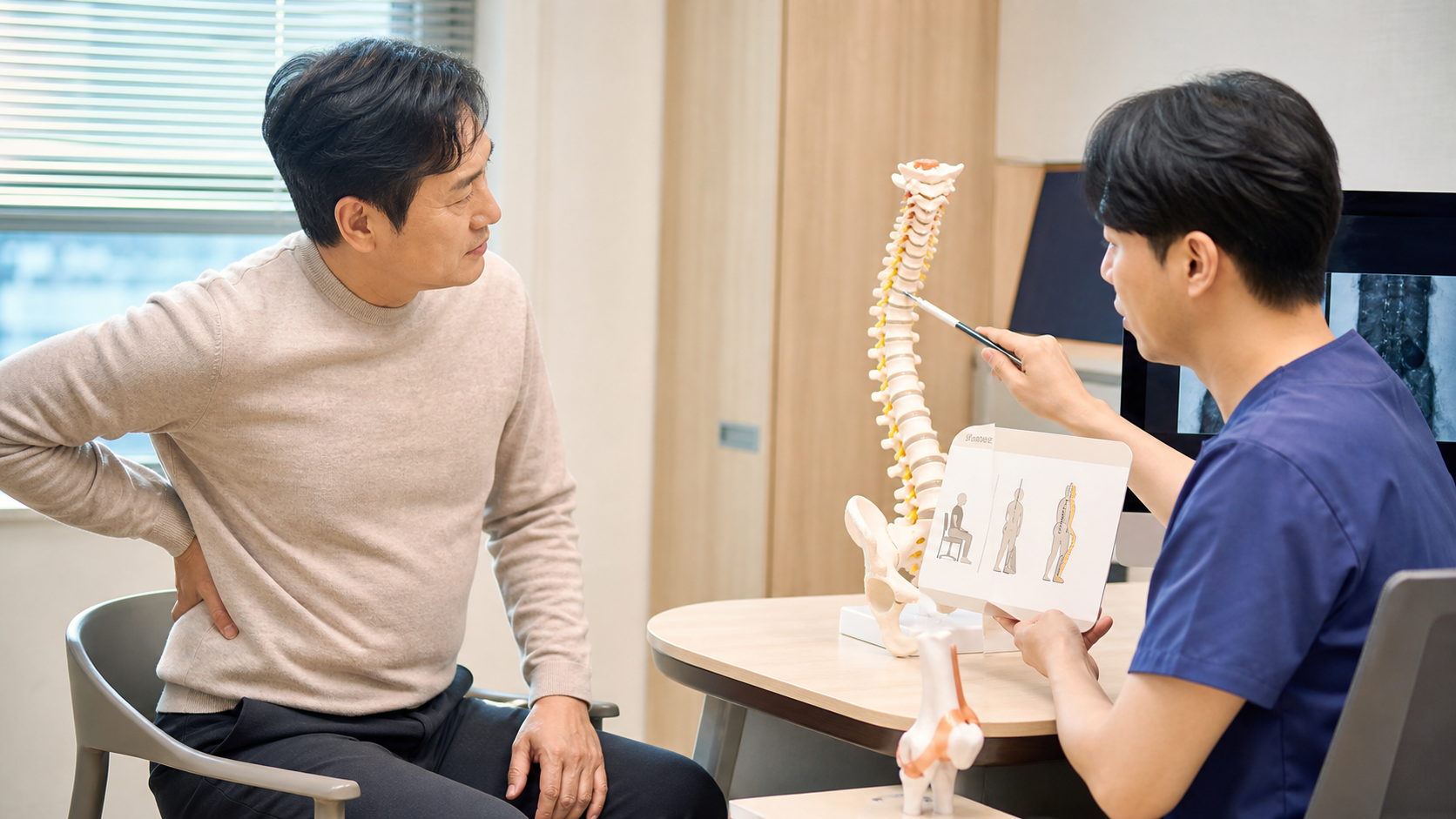 앉았다 일어날 때 허리통증 상담에서 의료진이 요추 모형과 의자 동작 체크리스트를 설명하는 장면