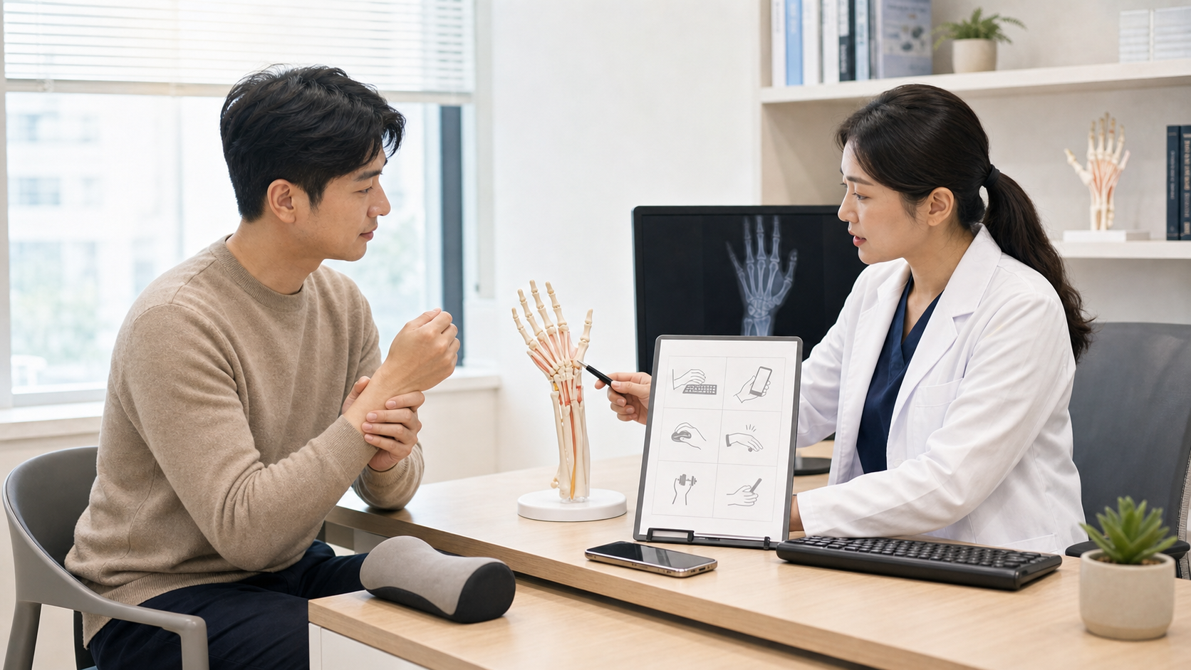 손목통증 반복 상담에서 의료진이 손목 모형과 키보드 스마트폰 사용 습관 체크리스트를 설명하는 장면