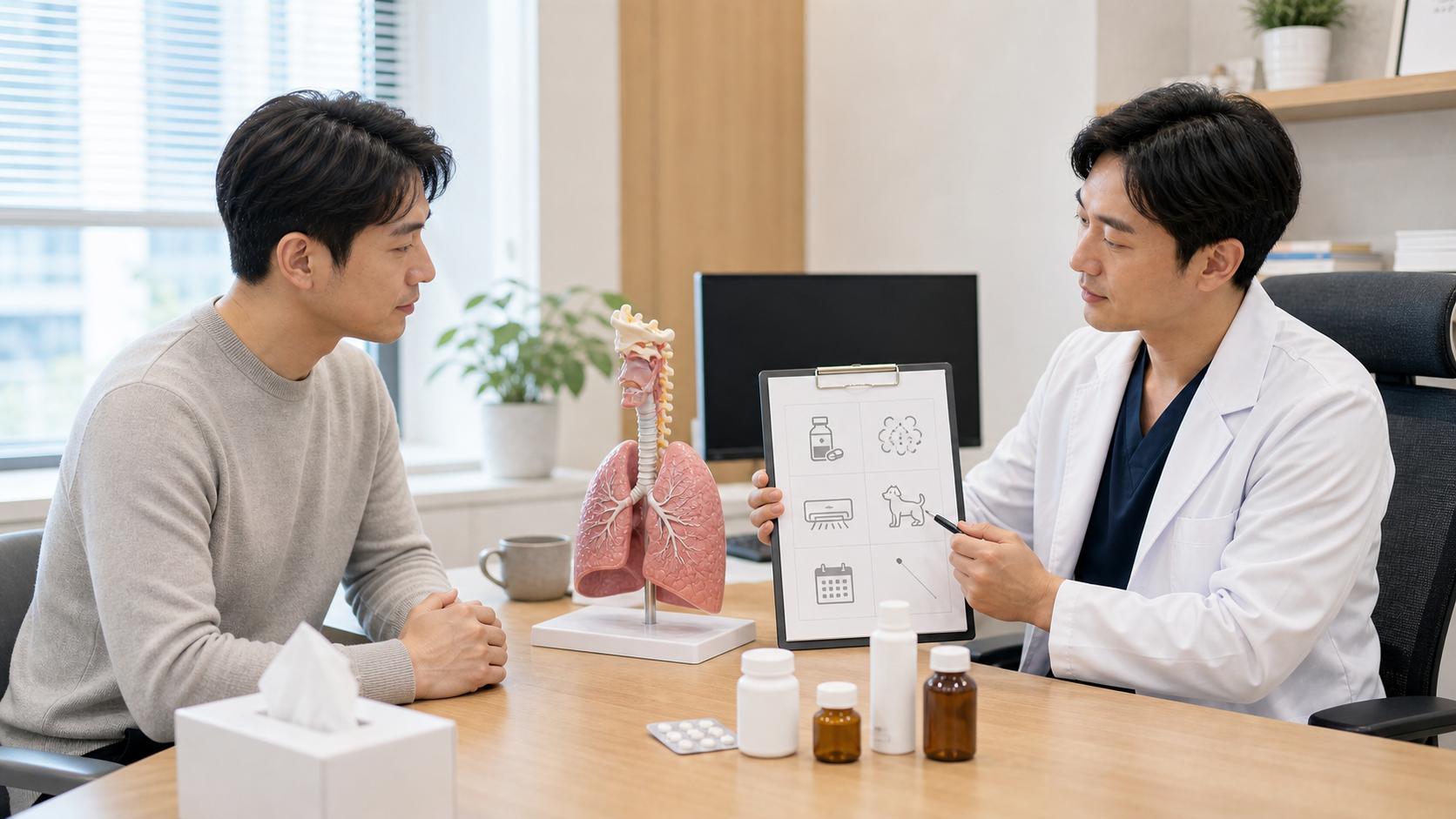 만성기침 상담 전 복용약과 생활환경 기록을 의료진이 호흡기 모형과 체크리스트로 설명하는 장면