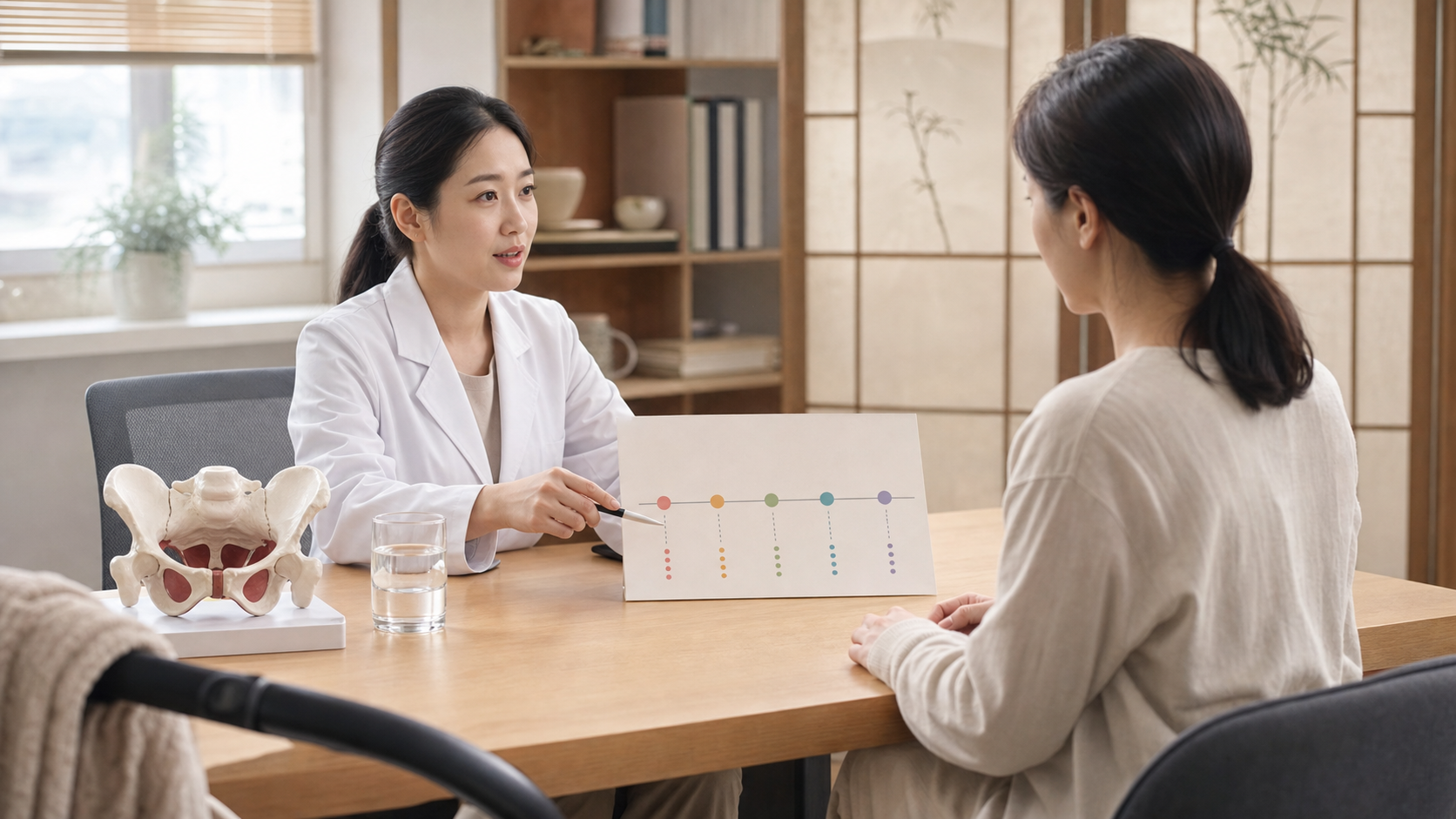 산후보약 상담 시기를 의료진이 산모와 회복 단계 자료로 조심스럽게 설명하는 장면