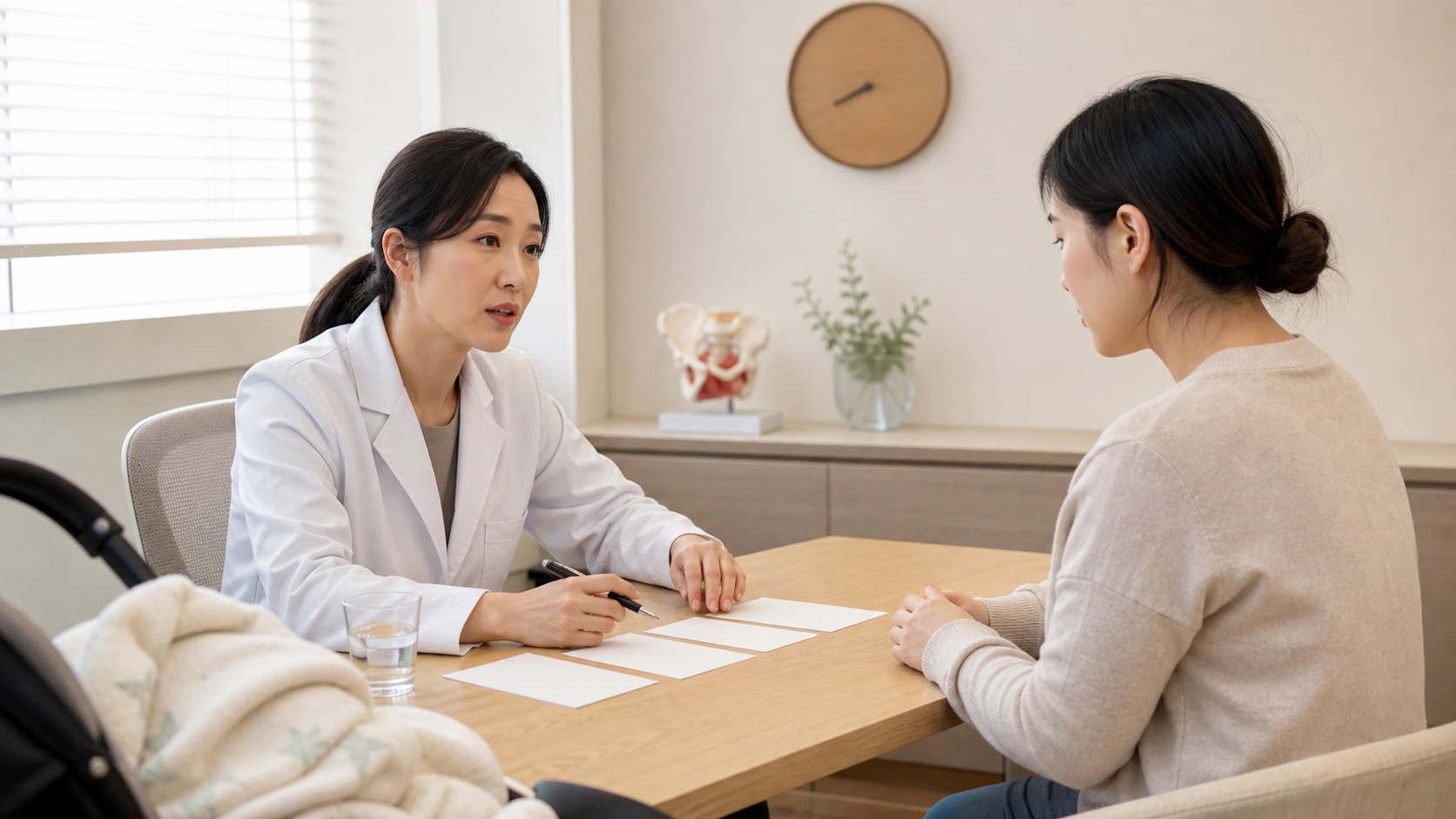 산후 6주 이후 피로가 남을 때 의료진이 수면과 회복 기록을 산모와 함께 확인하는 상담 장면