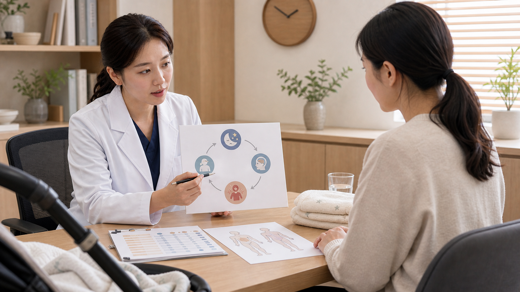 출산 후 수면 부족이 통증과 회복감에 미치는 영향을 의료진이 산모와 수면 기록 자료로 설명하는 상담 장면
