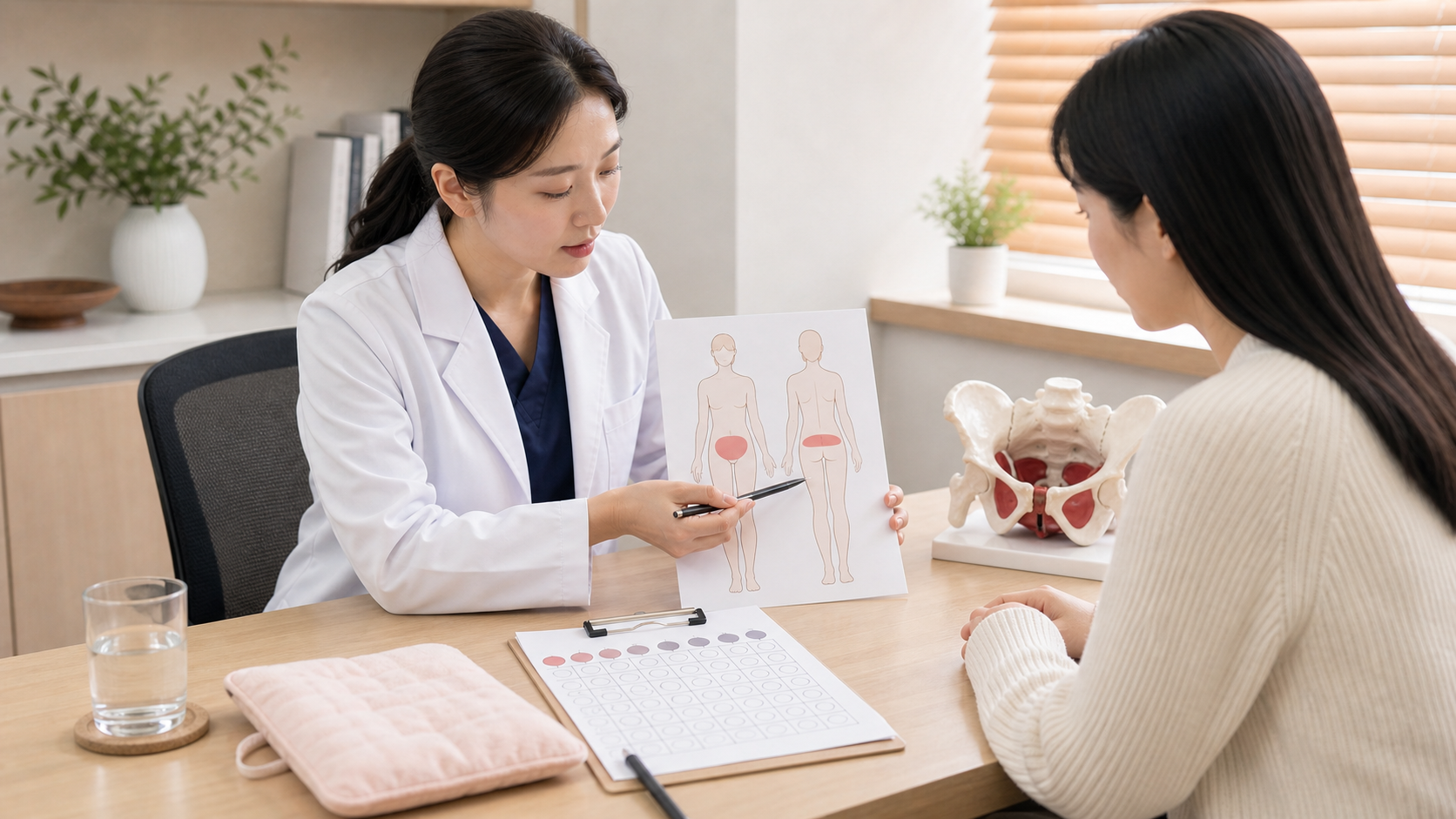 생리통이 심할 때 의료진이 하복부와 허리 통증 기록법을 여성 환자에게 설명하는 상담 장면