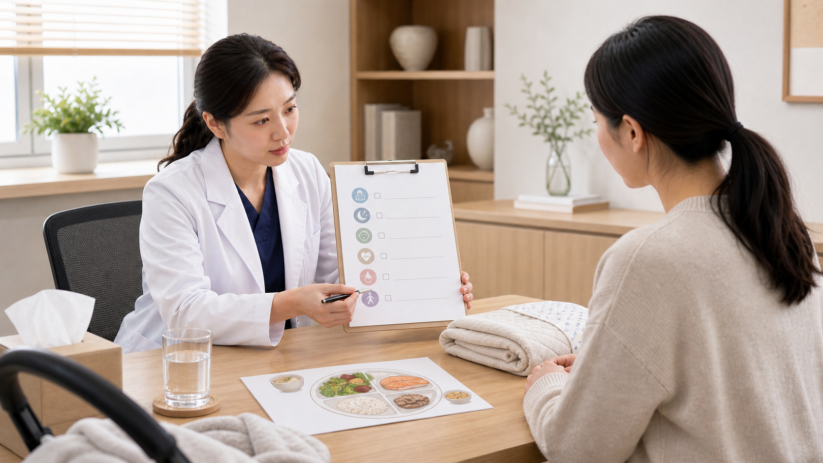 산후 다이어트를 서두르기 전 의료진이 산모와 회복 상태와 식사, 수유 기록을 확인하는 상담 장면