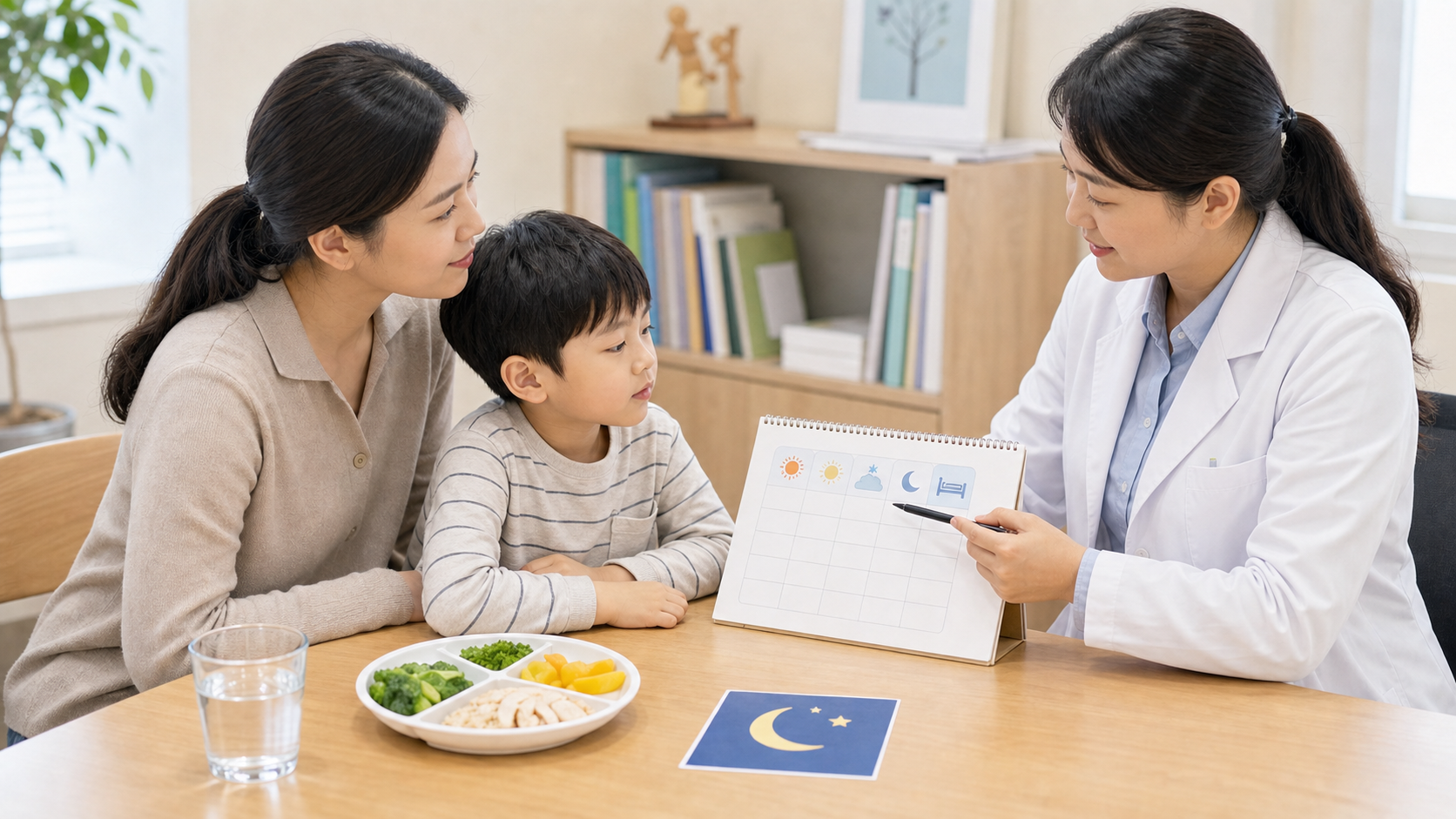 식욕부진이 오래가는 아이의 식사와 수면 리듬을 의료진이 보호자와 함께 확인하는 상담 장면