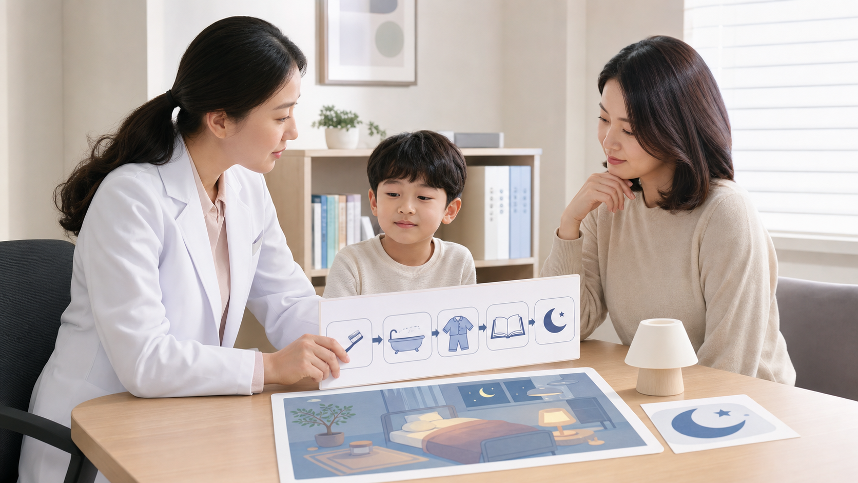 야경증이 반복될 때 의료진이 보호자와 아이에게 취침 루틴과 수면환경 기록을 설명하는 상담 장면
