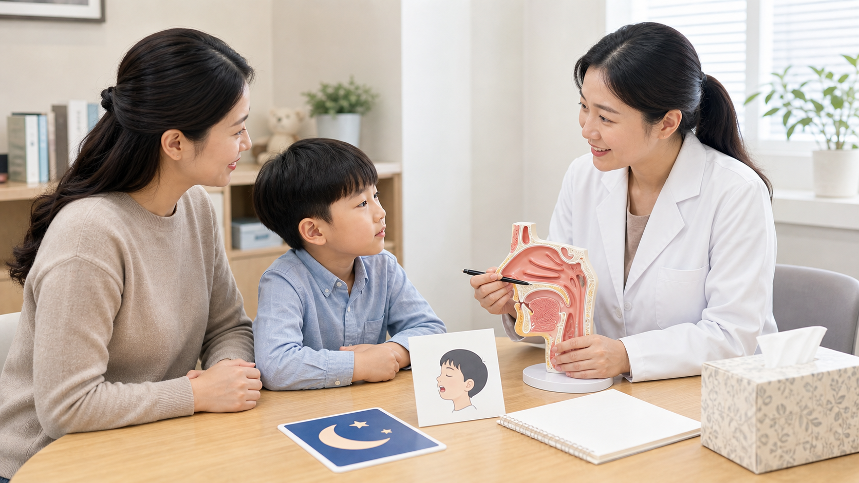 아이 코막힘과 입벌림 수면이 반복될 때 의료진이 보호자와 아이에게 코 구조와 수면 기록을 설명하는 상담 장면