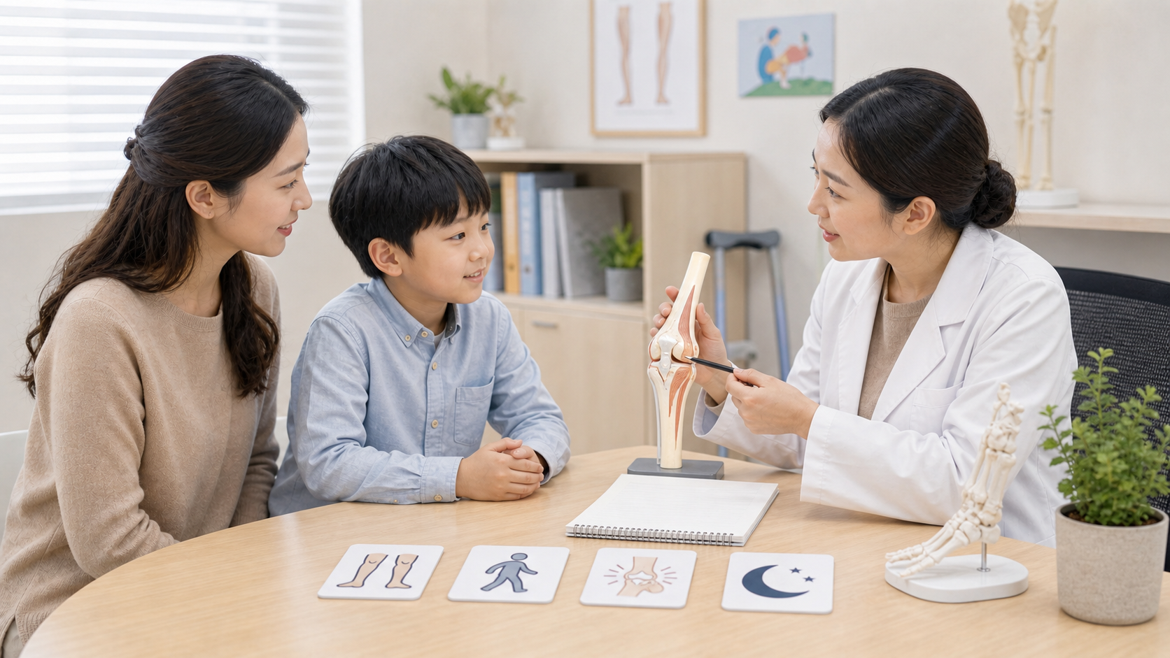 아이 성장통과 관절 통증을 구분할 때 의료진이 보호자와 아이에게 다리 통증 기록을 설명하는 상담 장면