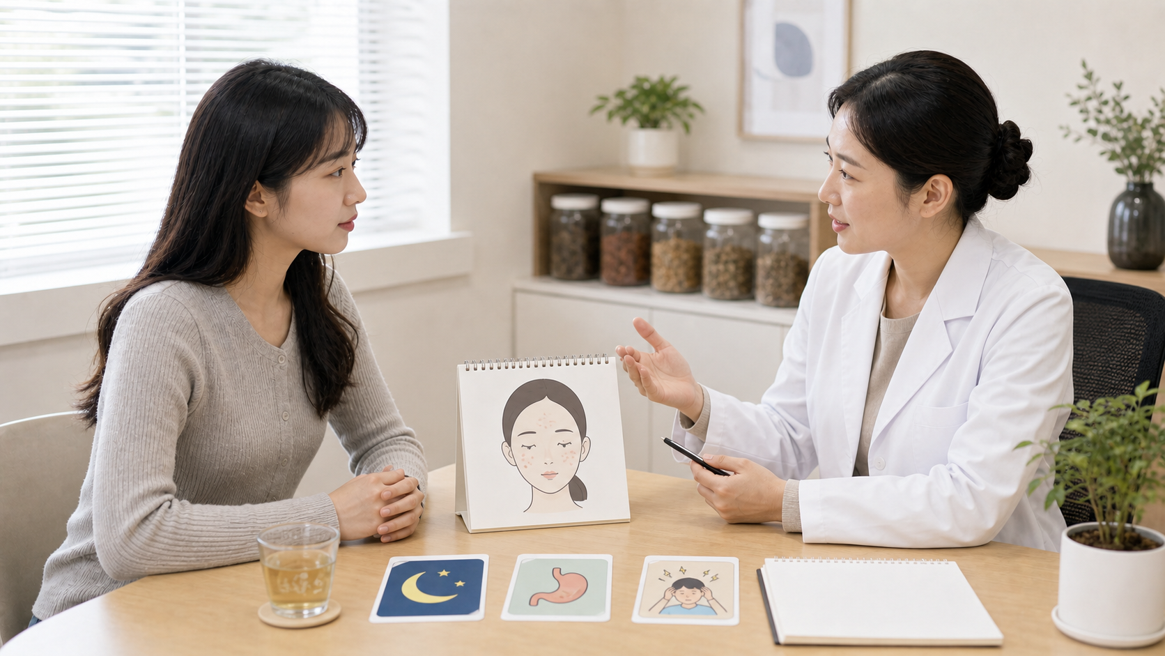 여드름이 반복될 때 의료진이 환자와 수면, 소화, 스트레스 기록을 함께 확인하는 상담 장면