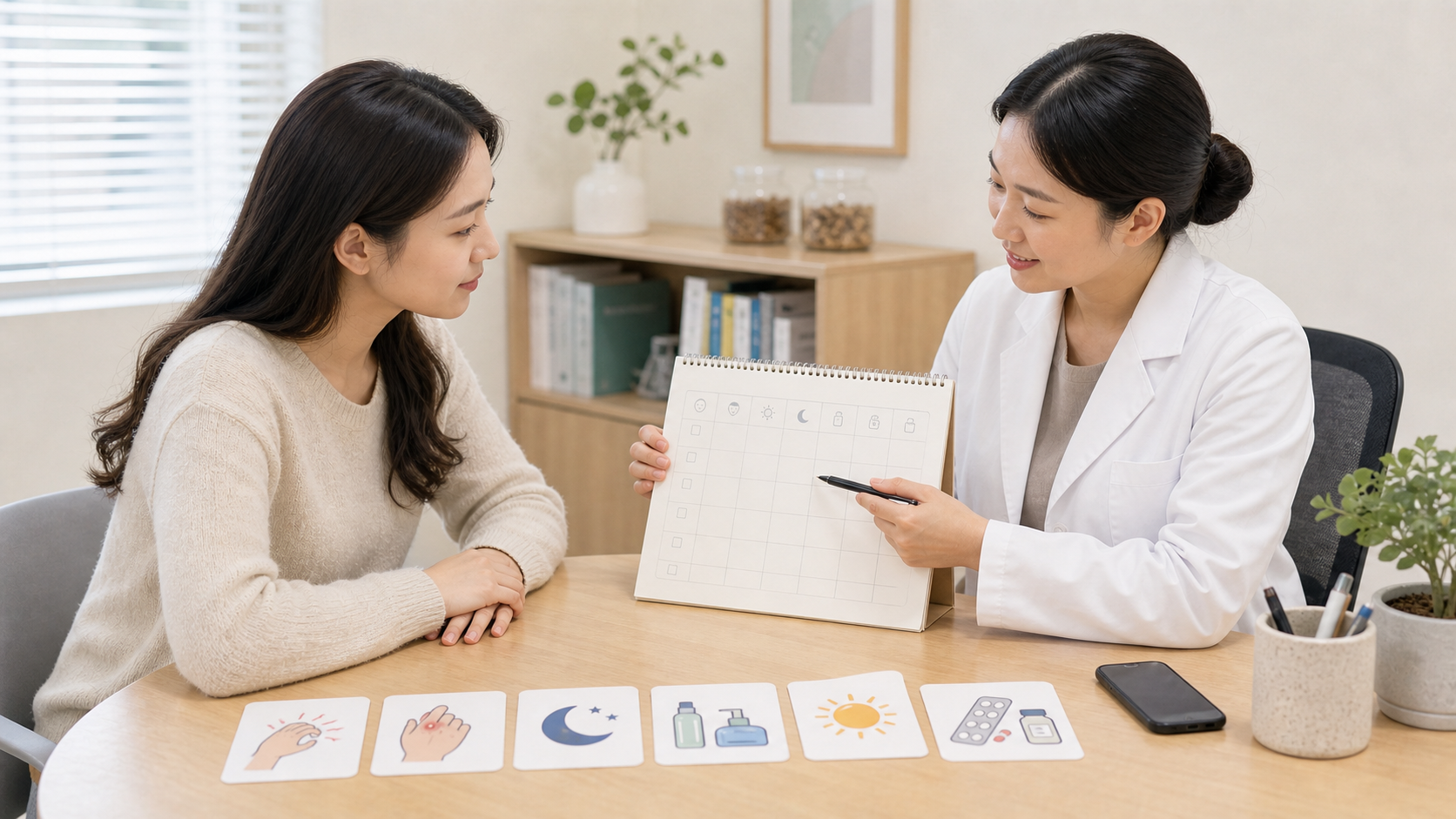 피부 한의원 상담 전 의료진이 환자에게 사진보다 증상 기록과 생활 변화를 정리하는 방법을 설명하는 상담 장면