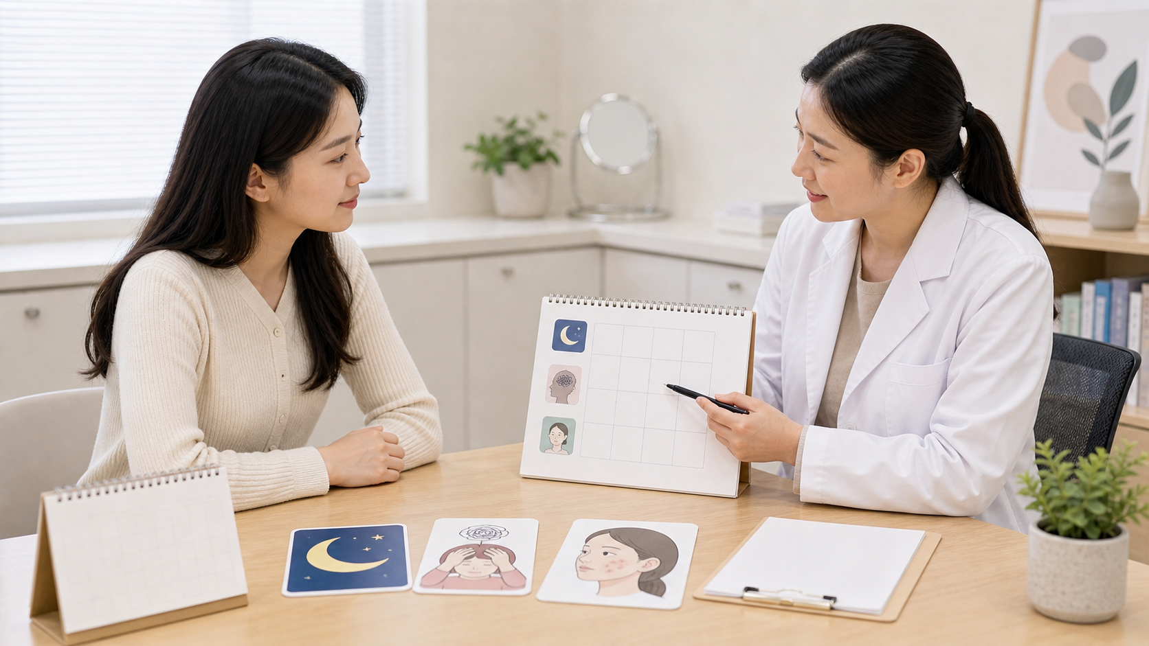 반복되는 여드름과 수면, 스트레스의 관련성을 의료진이 환자와 기록표로 확인하는 상담 장면
