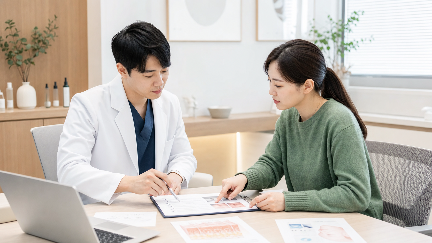 피부 재생 관리 표현을 의료진과 담당자가 의료광고 기준에 맞게 검토하는 상담 장면