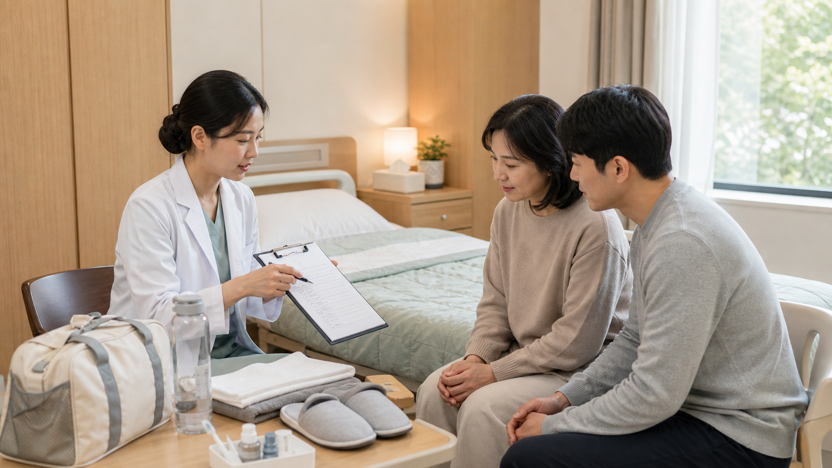 한의원 입원실 이용 전 의료진이 환자와 보호자에게 준비물과 보호자 동반 기준을 설명하는 장면