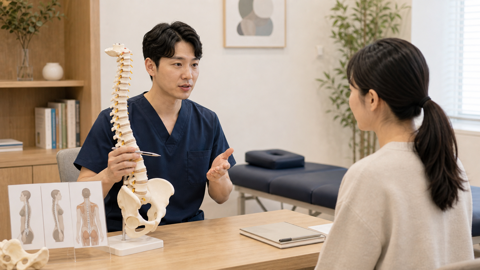 추나를 설명하기 위해 의료진이 환자에게 척추 모형과 자세 자료를 보여주는 상담 장면