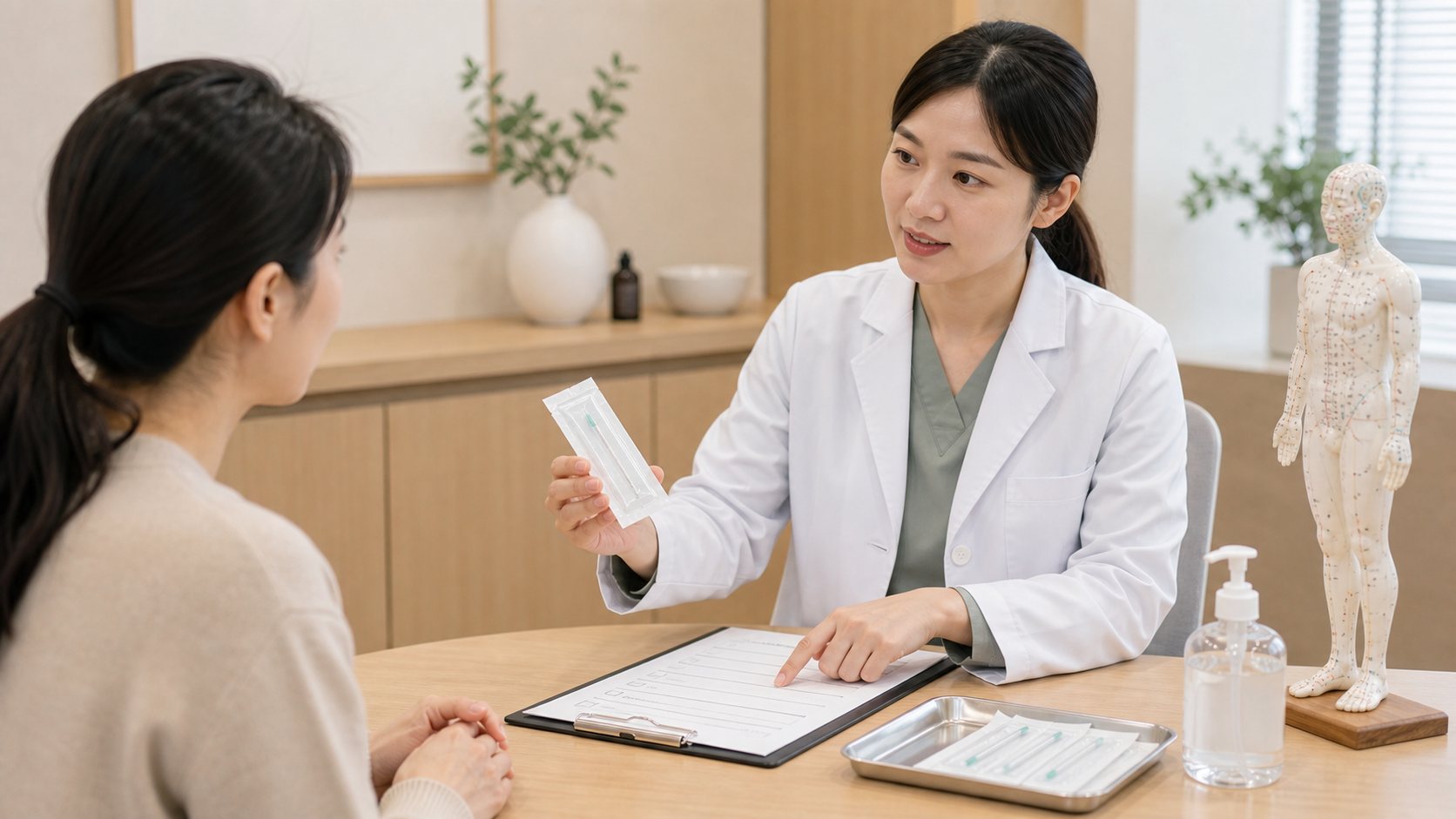 침 치료 설명에서 효과를 단정하지 않도록 의료진이 환자에게 멸균 침과 안전 확인표를 안내하는 장면