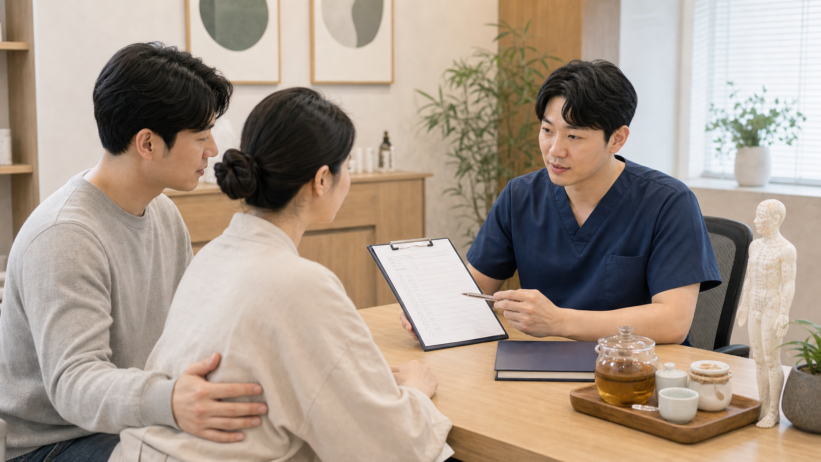 출산 뒤 산모 증상 상담에서 의료진이 보호자와 함께 증상 확인표를 설명하는 장면