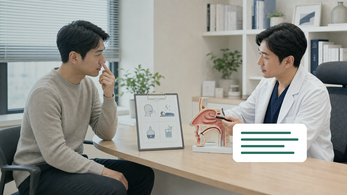 난방이 이어지는 실내에서 코와 목이 마르고 밤에 코막힘을 느끼는 사람 상담 전 기록을 확인하는 장면