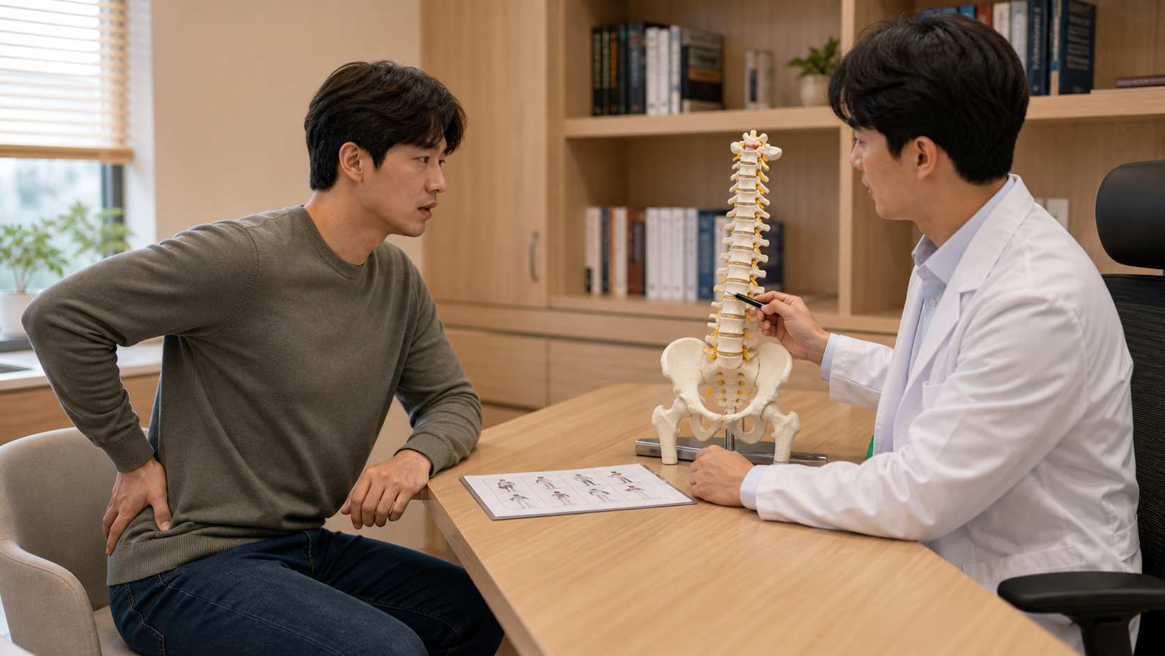 장거리 운전 뒤 엉덩이와 다리저림을 느끼는 사람이 한의원 상담에서 요추 골반 모형을 보며 설명을 듣는 장면