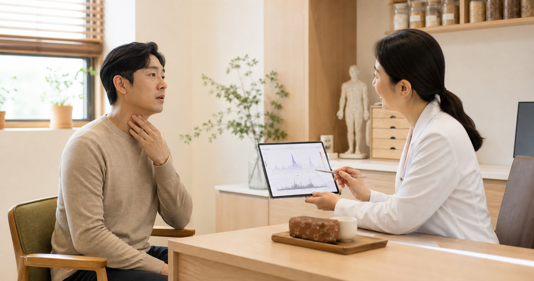 미세먼지 많은 날 목 칼칼함과 기침 기록을 한의원 상담에서 확인하는 장면