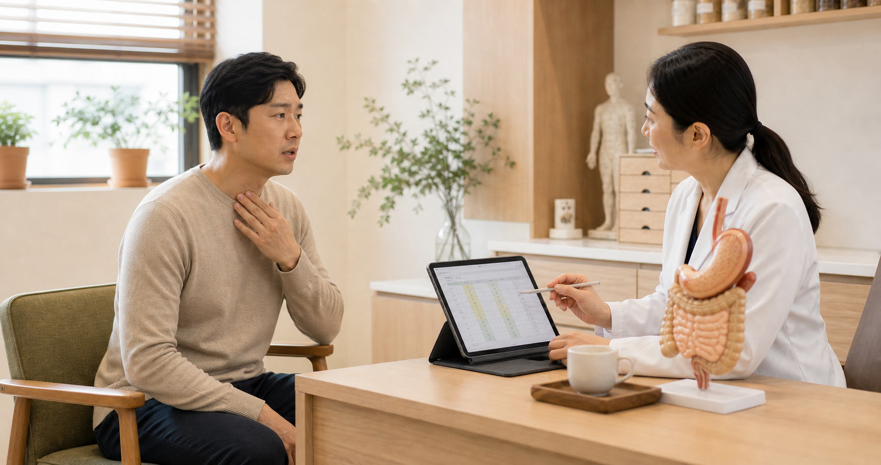 식후 속쓰림과 목 이물감 기록을 한의원 상담에서 식사와 수면 기록표로 확인하는 장면