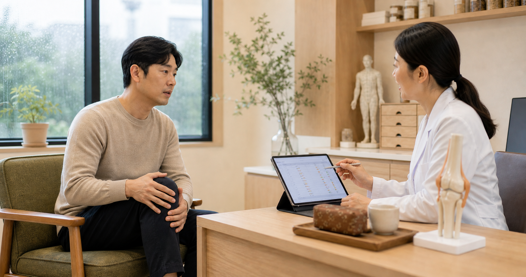 장마철 관절 무거움과 뻣뻣함을 한의원 상담에서 증상 기록표로 확인하는 장면