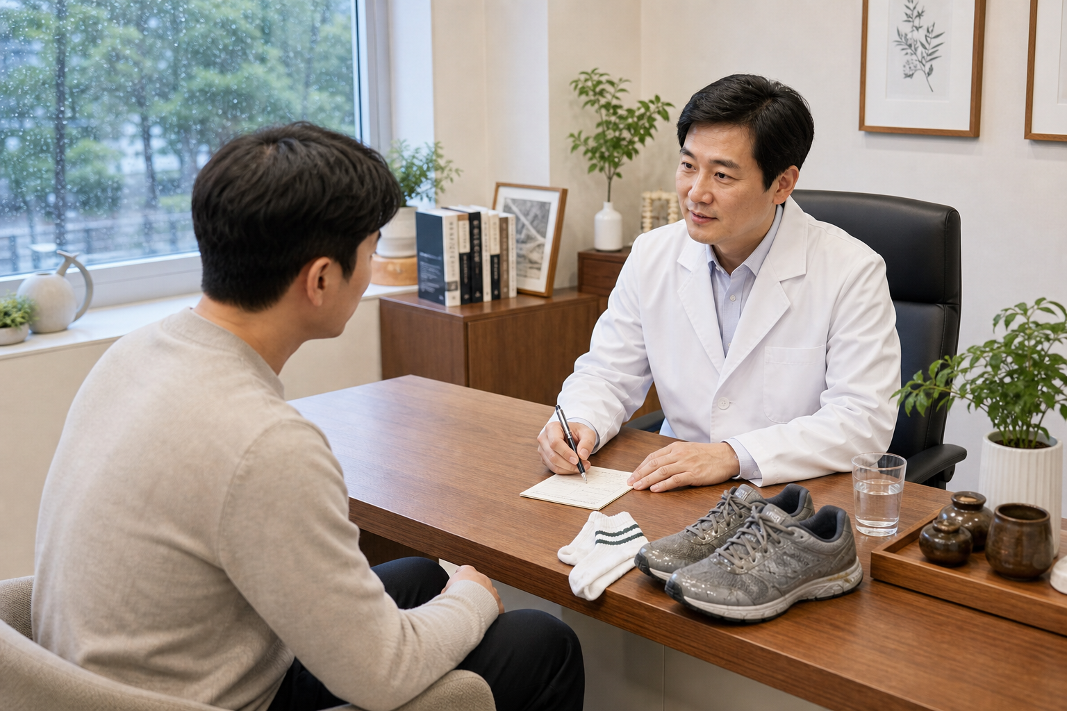 장마철 젖은 신발 뒤 발가락 가려움과 벗겨짐 기록을 한의원 상담실에서 확인하는 장면