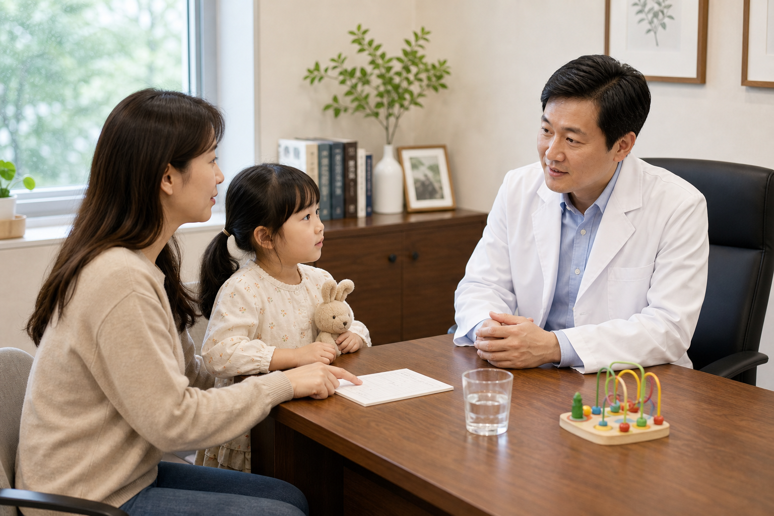 아이 입안 통증과 손발 발진 기록을 보호자와 한의원 상담실에서 확인하는 장면