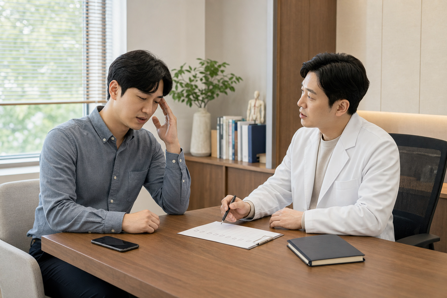 퇴근 후 스마트폰 사용 뒤 눈 피로와 두통 기록을 한의원 상담실에서 확인하는 장면