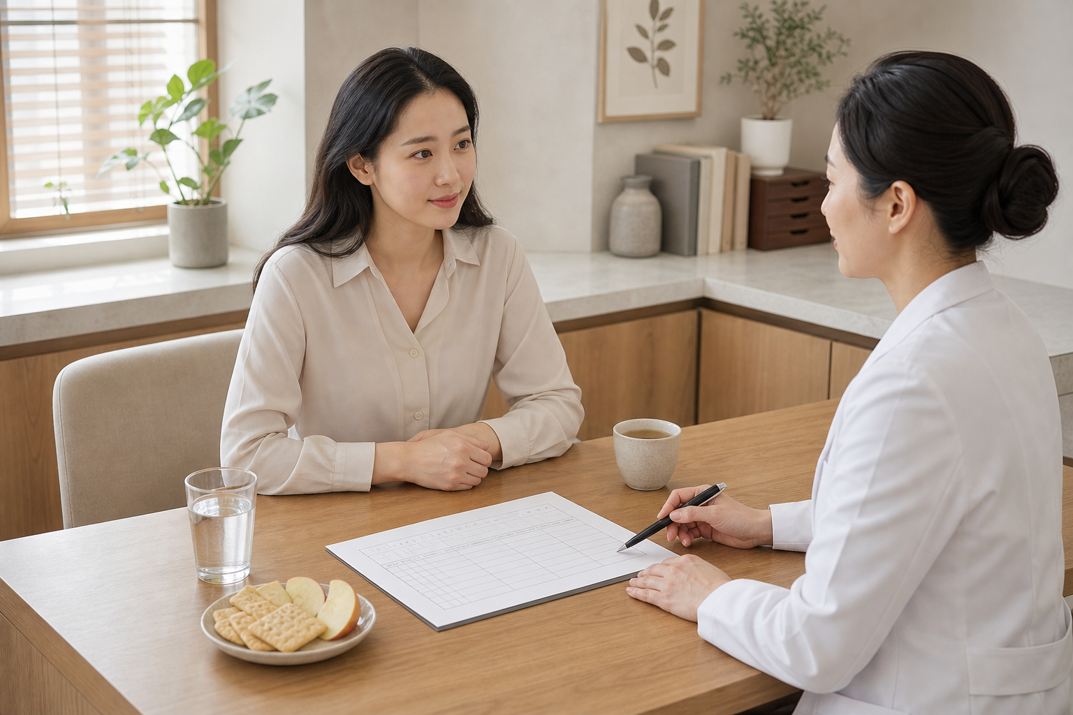 생리 전 붓기와 단 음식 당김 기록을 한의원 상담실에서 확인하는 장면