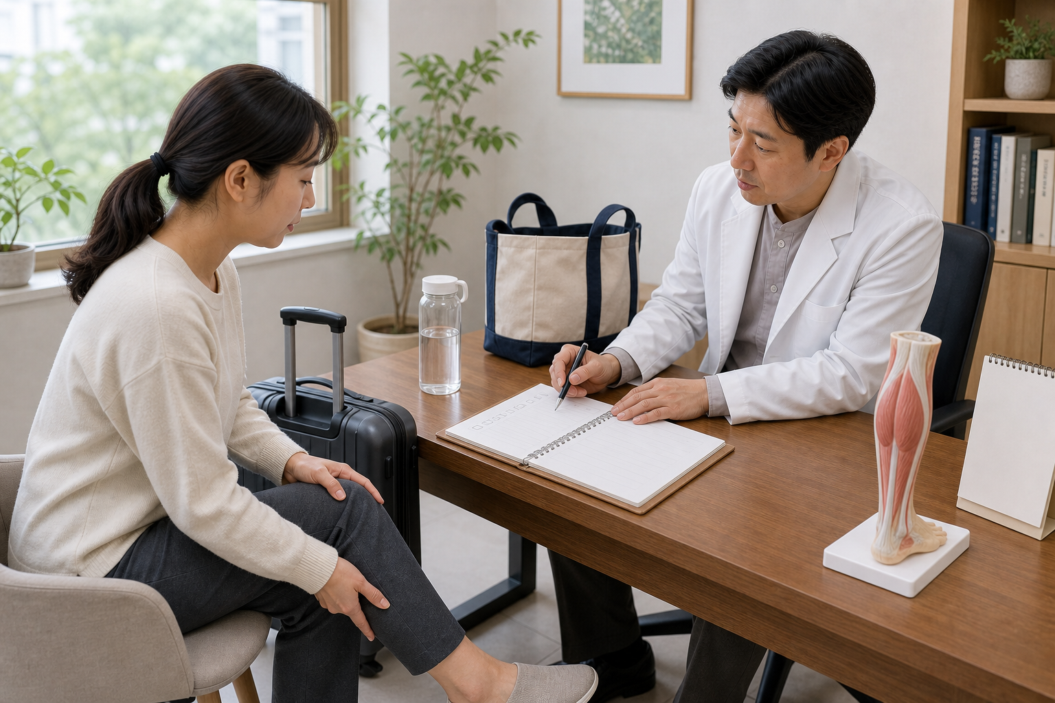 장거리 이동 뒤 종아리 붓기와 통증 기록을 한의원 상담실에서 확인하는 장면
