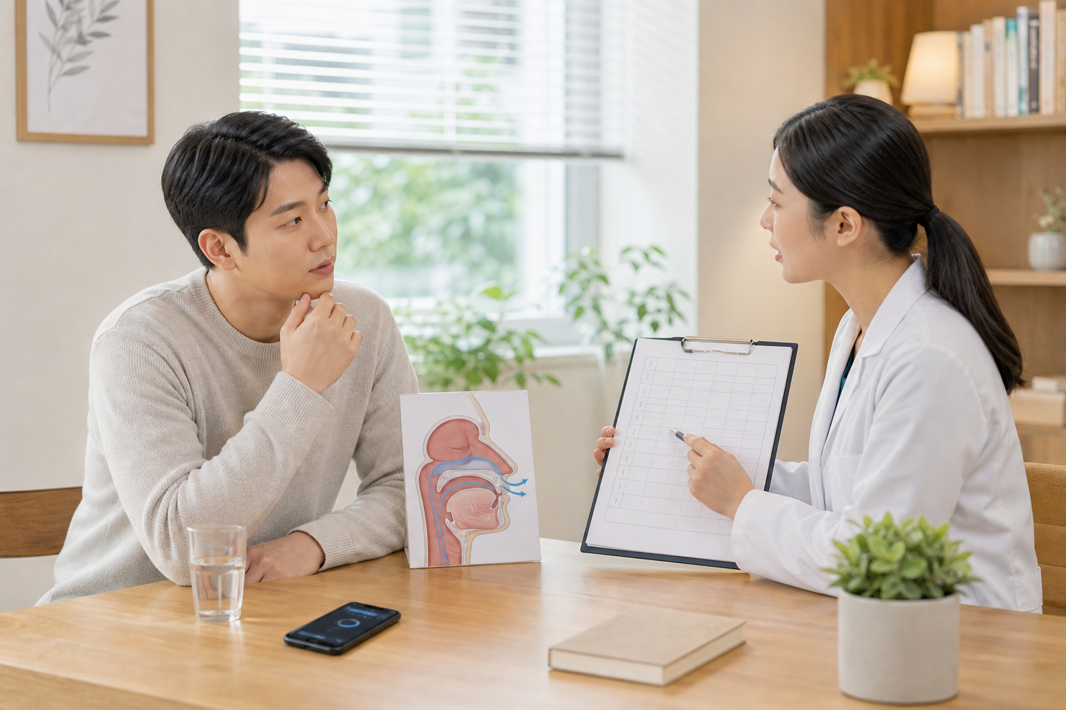 코골이와 낮졸림 수면기록을 한의원 상담실에서 확인하는 장면