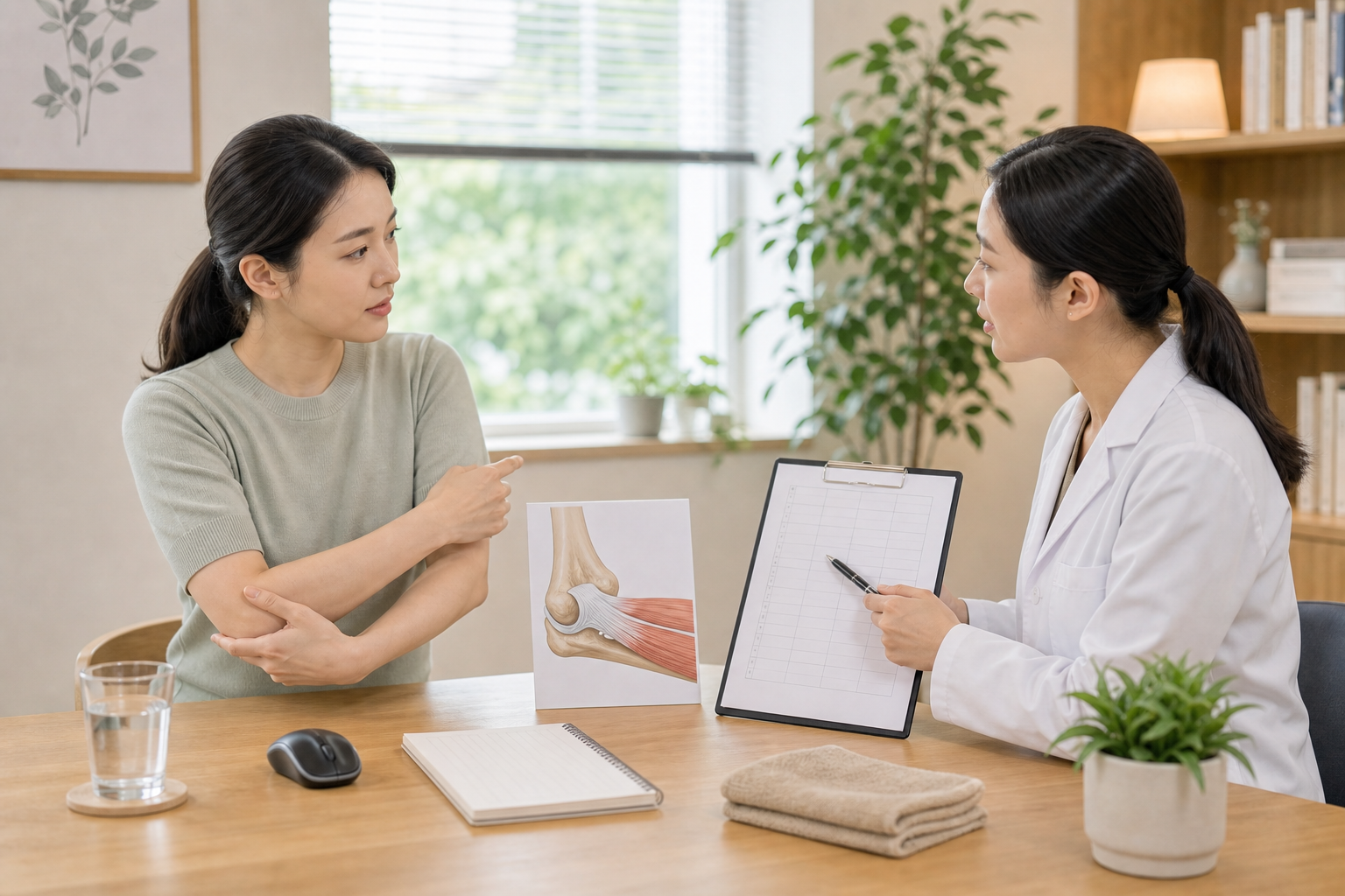 팔꿈치 바깥쪽 통증과 마우스 집안일 사용 기록을 한의원 상담실에서 확인하는 장면