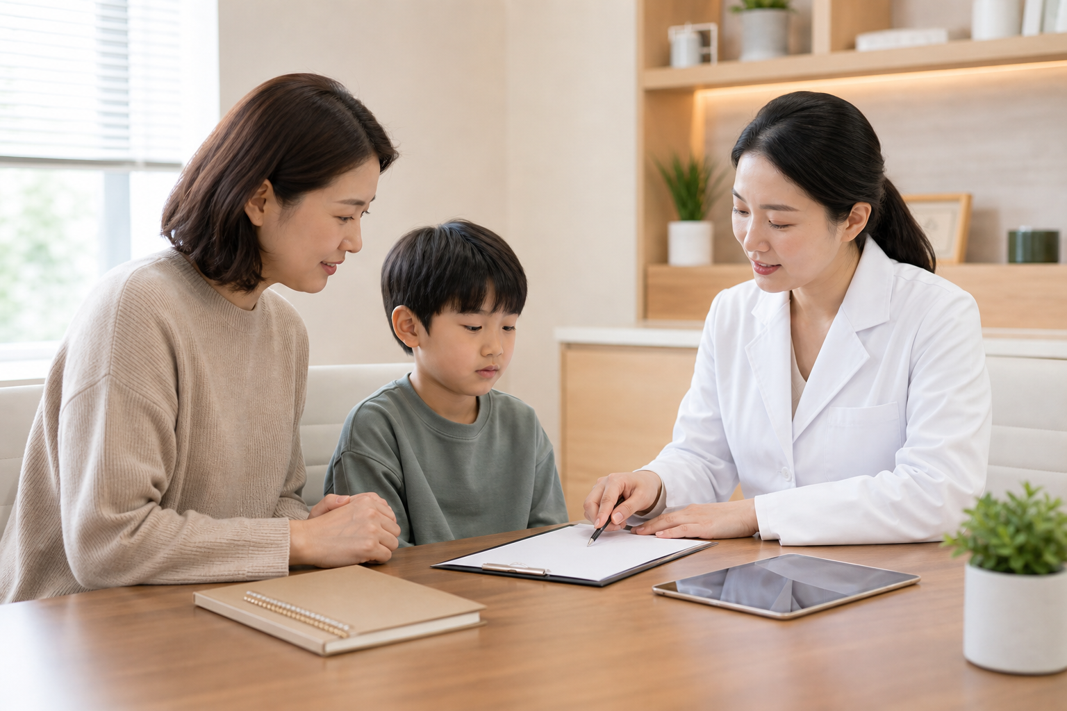 아이 화면 사용 뒤 눈깜빡임과 두통 기록을 한의원 상담실에서 확인하는 장면