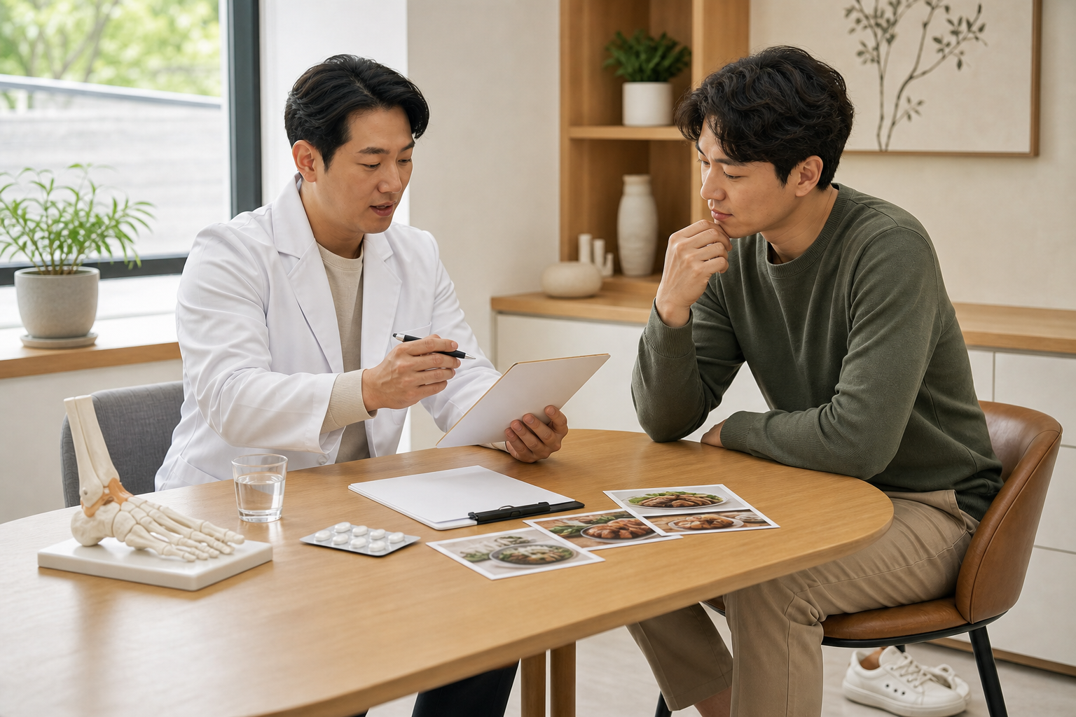 엄지발가락 통증과 요산 기록을 한의원 상담실에서 확인하는 장면