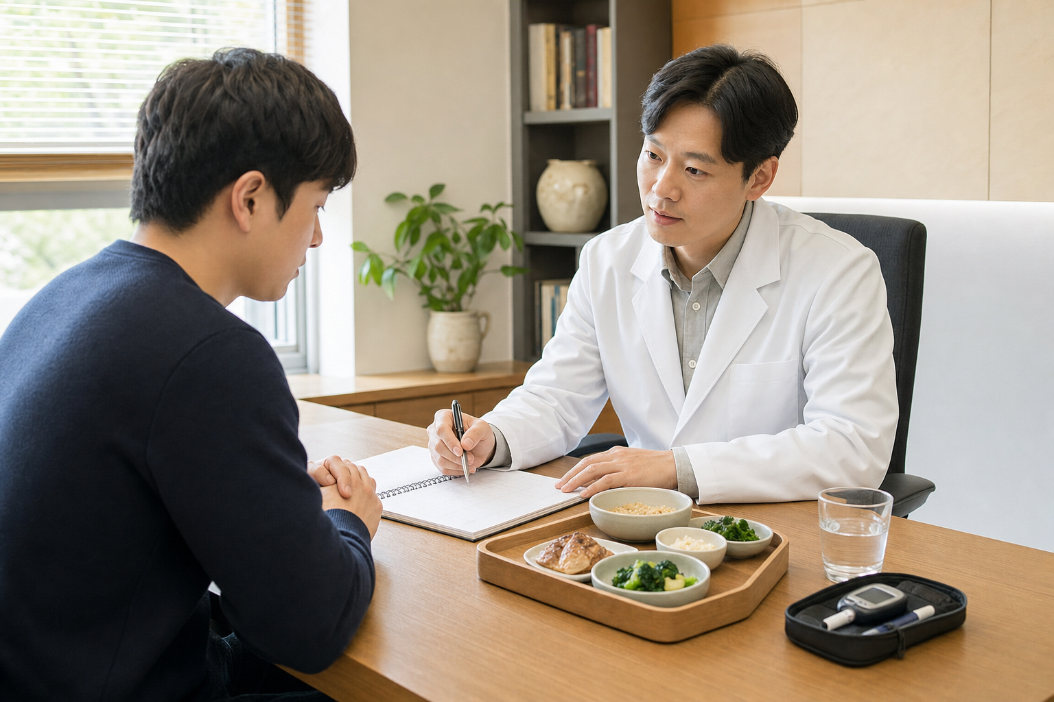 점심 뒤 졸음과 식사 수면 혈당 기록을 상담실에서 확인하는 장면