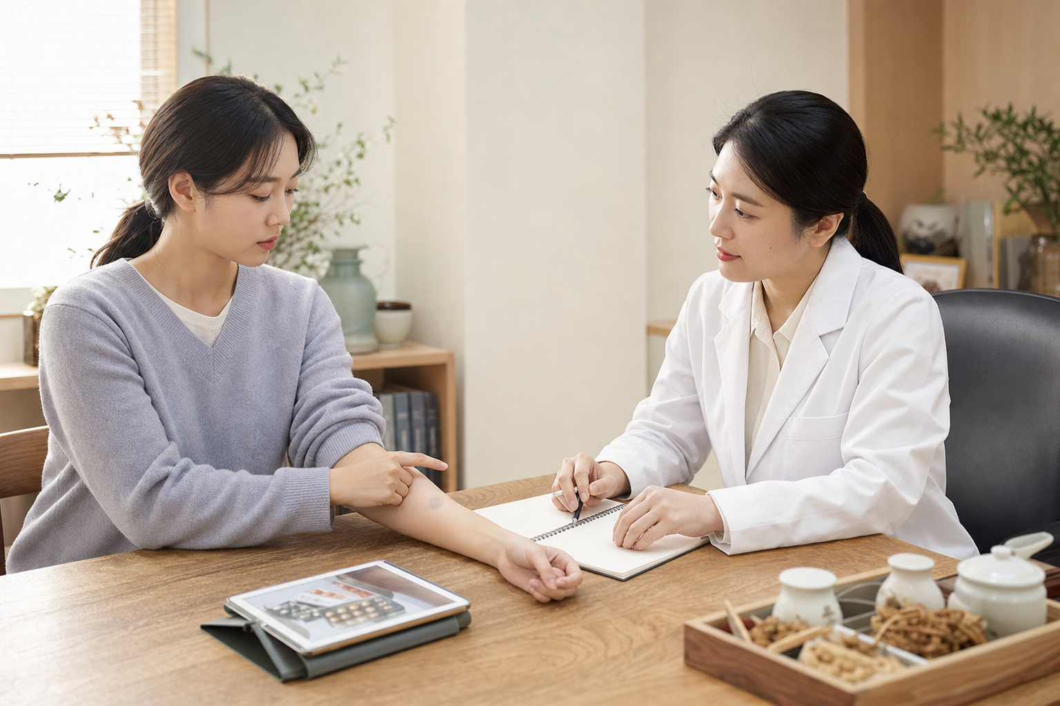 멍과 복용약 월경량 잇몸출혈 기록을 상담실에서 확인하는 장면