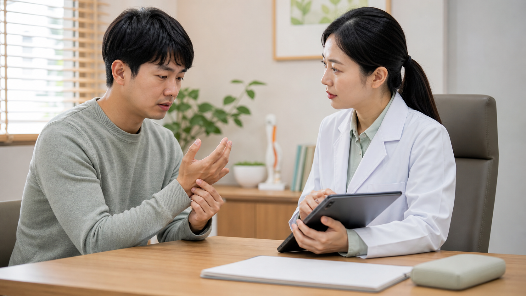 손톱 주변 붓기와 통증 기록을 한의원 상담실에서 확인하는 장면