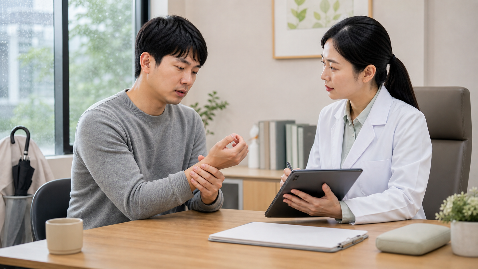 장마철 미끄러진 뒤 손목 붓기와 통증 기록을 한의원 상담실에서 확인하는 장면