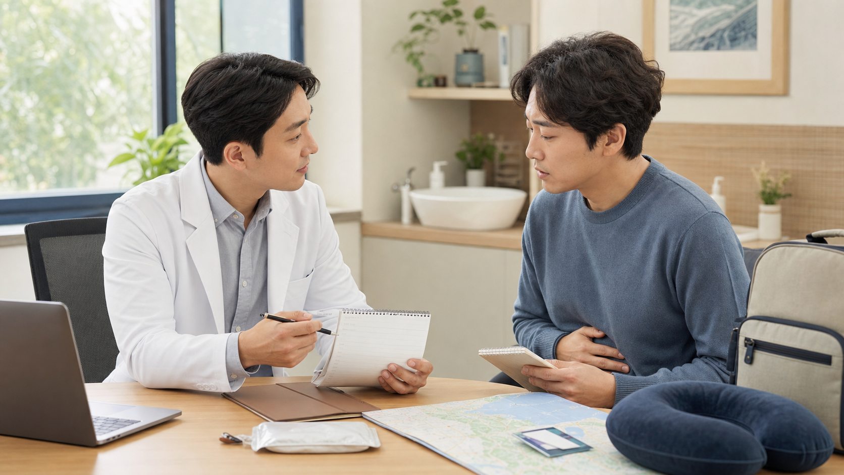 여름 휴가 전 멀미 증상과 수면 식사 복용약 기록을 한의원 상담실에서 확인하는 장면