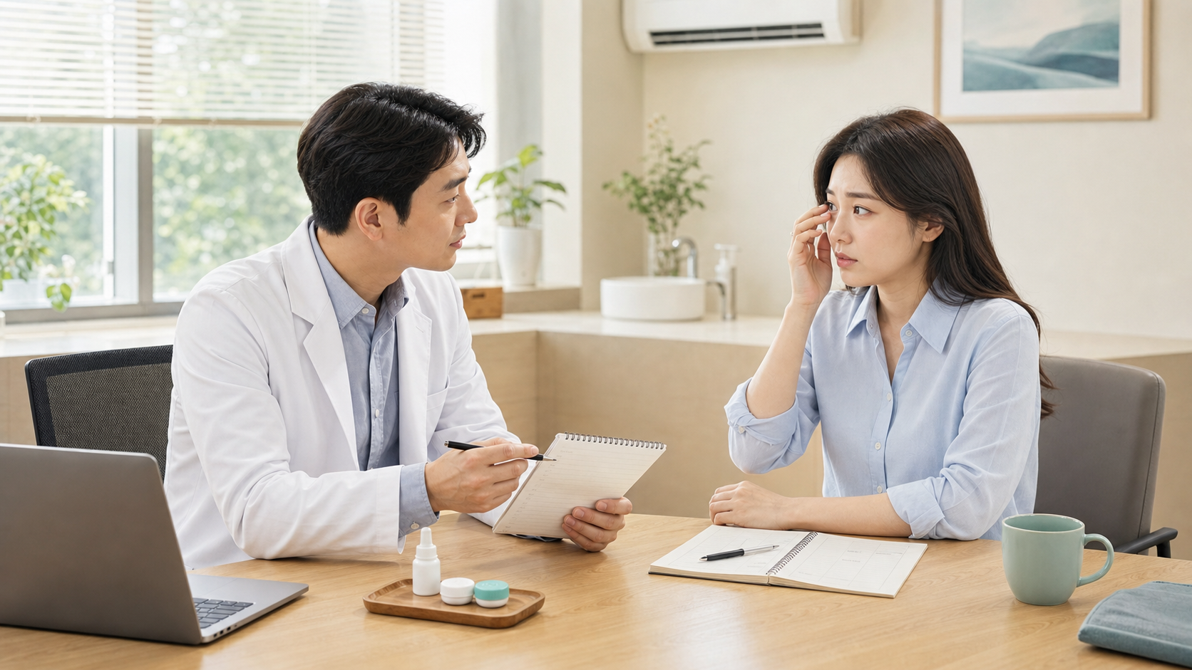 에어컨 바람 뒤 눈 건조와 렌즈 화면시간 기록을 한의원 상담실에서 확인하는 장면