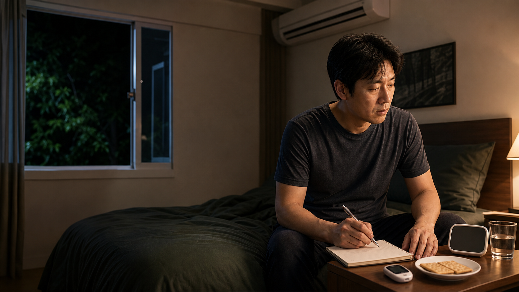 열대야 밤 침실에서 수면과 간식 및 혈당 정보를 기록하는 남성