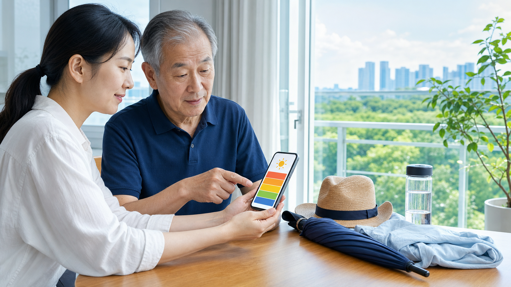 휴대전화의 더위 위험 색상 단계를 함께 확인하는 부녀
