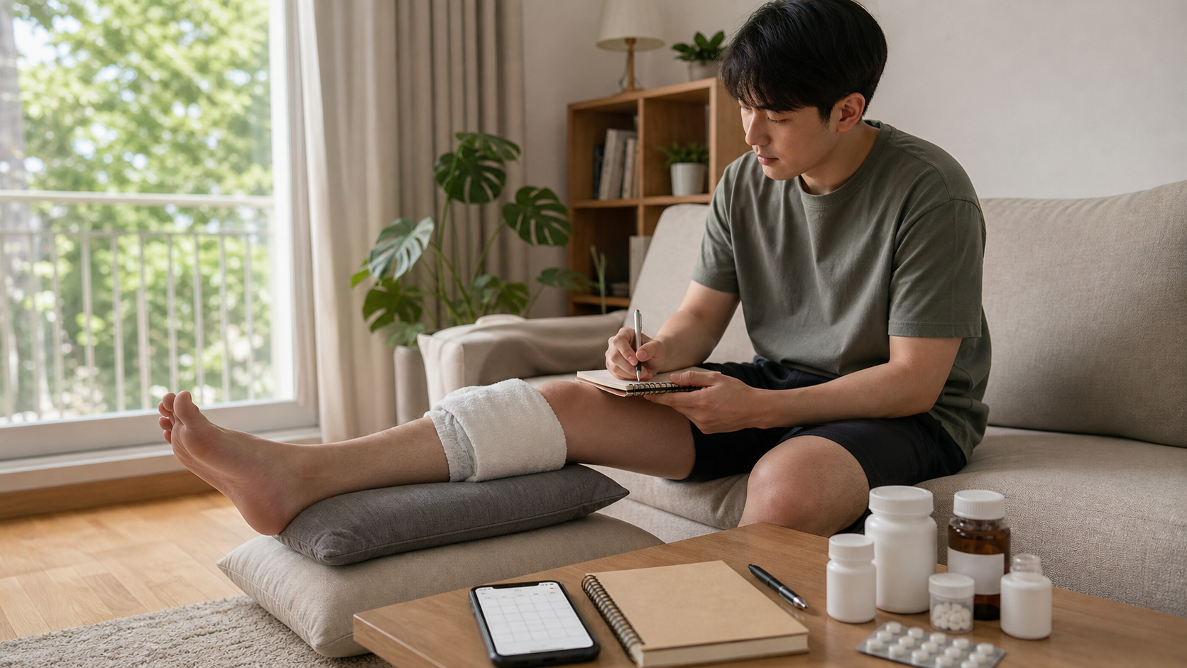 무릎을 베개 위에 올리고 천으로 감싼 냉찜질과 복용약 정보를 준비하는 장면