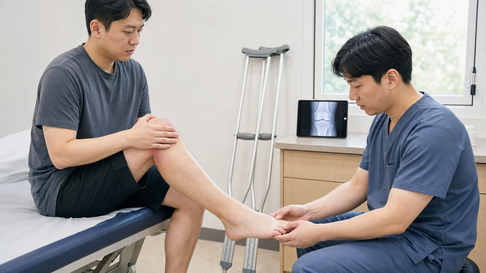 체중을 싣기 어려운 무릎 외상 뒤 의료진이 붓기와 발의 혈액순환을 확인하는 장면