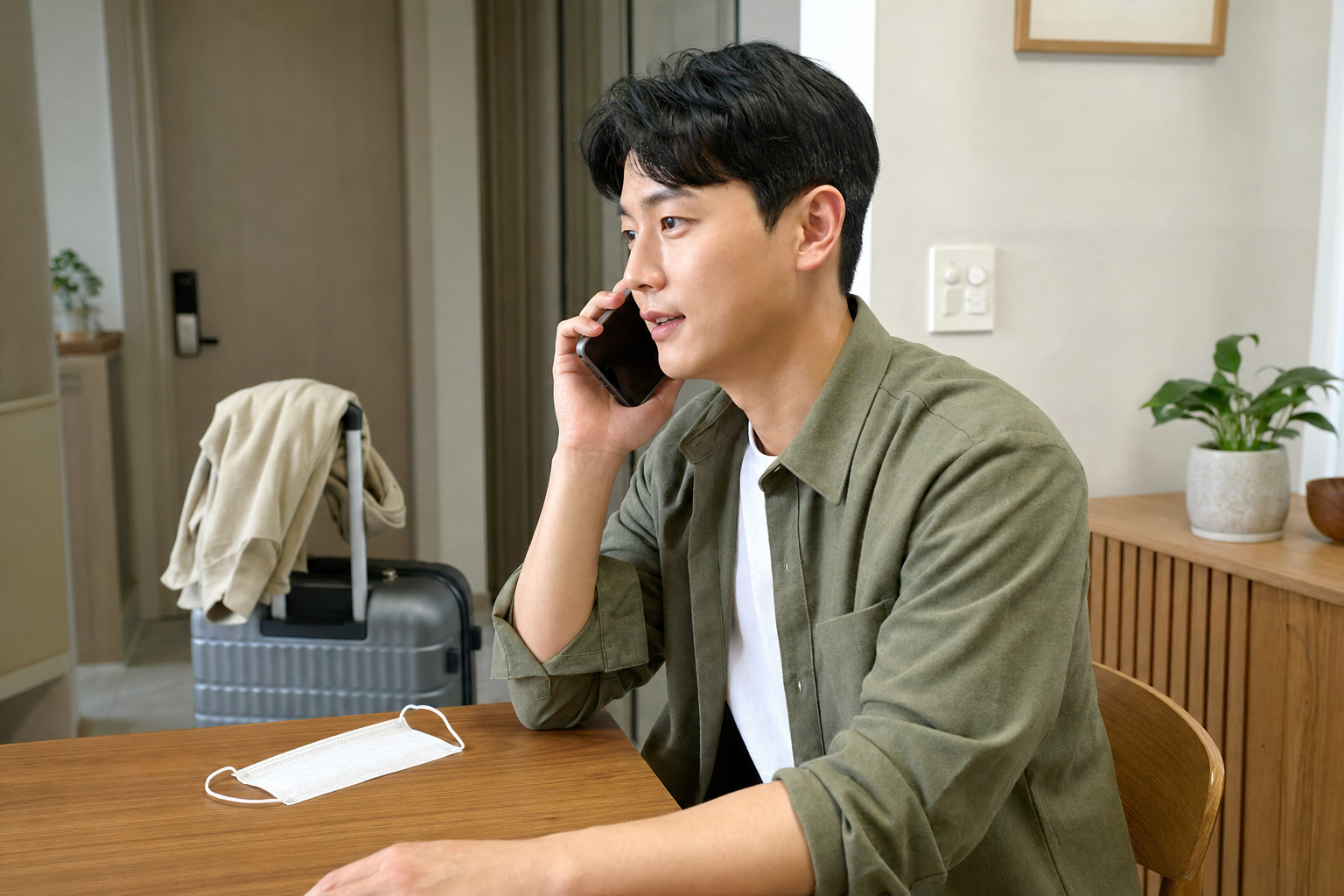 여행 가방을 둔 채 의료기관에 방문 방법을 전화로 문의하는 성인
