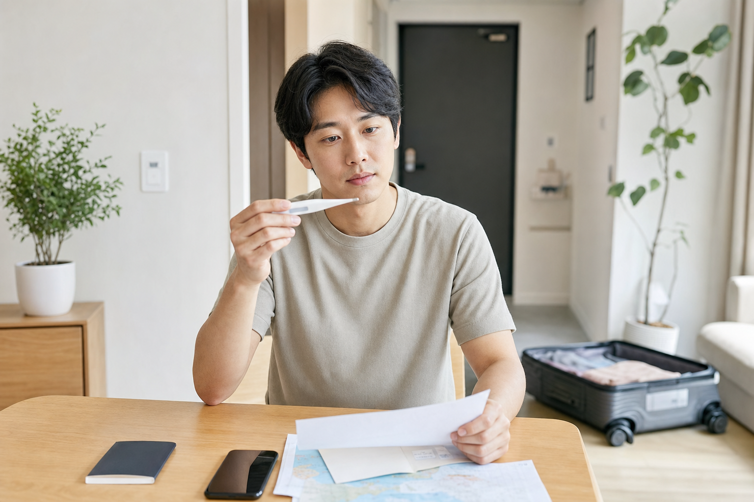 귀국 뒤 체온을 확인하며 여행 일정표를 정리하는 성인