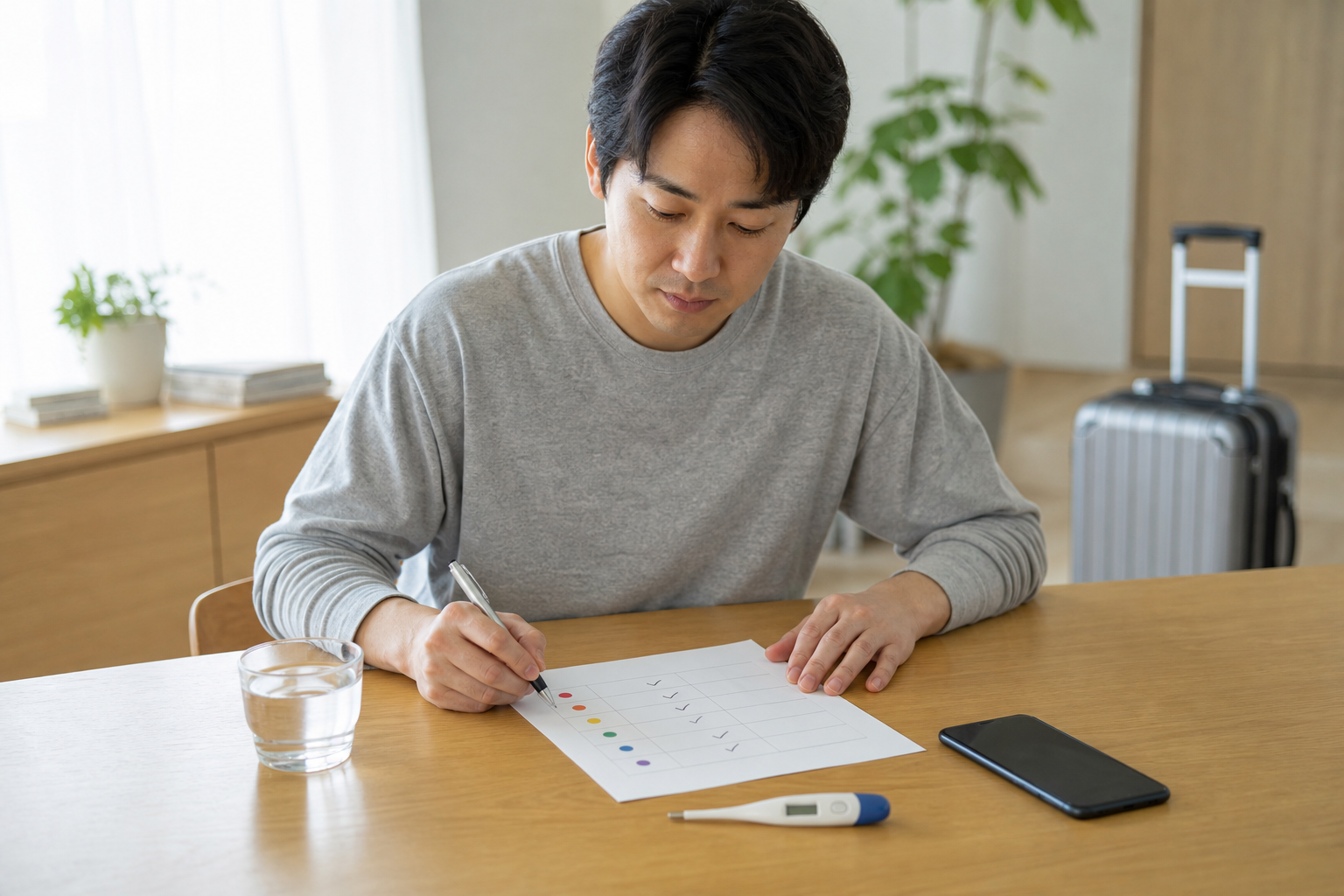 귀국한 성인이 체온계와 물을 두고 증상 발생 시점을 기록하는 장면