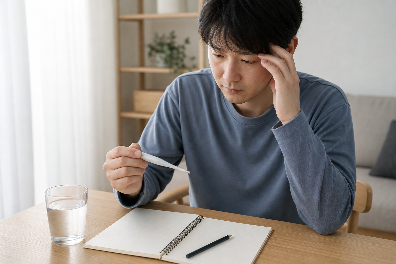 체온계와 메모장을 옆에 두고 두통과 구토 시작 시각을 기록하는 성인